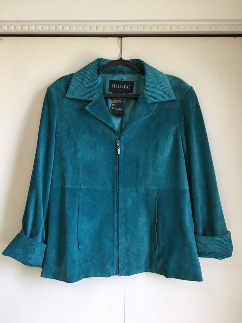 Guillaume Drama Stitched Collar 3-Zipper Genuine Suede Leather Teal Jacket